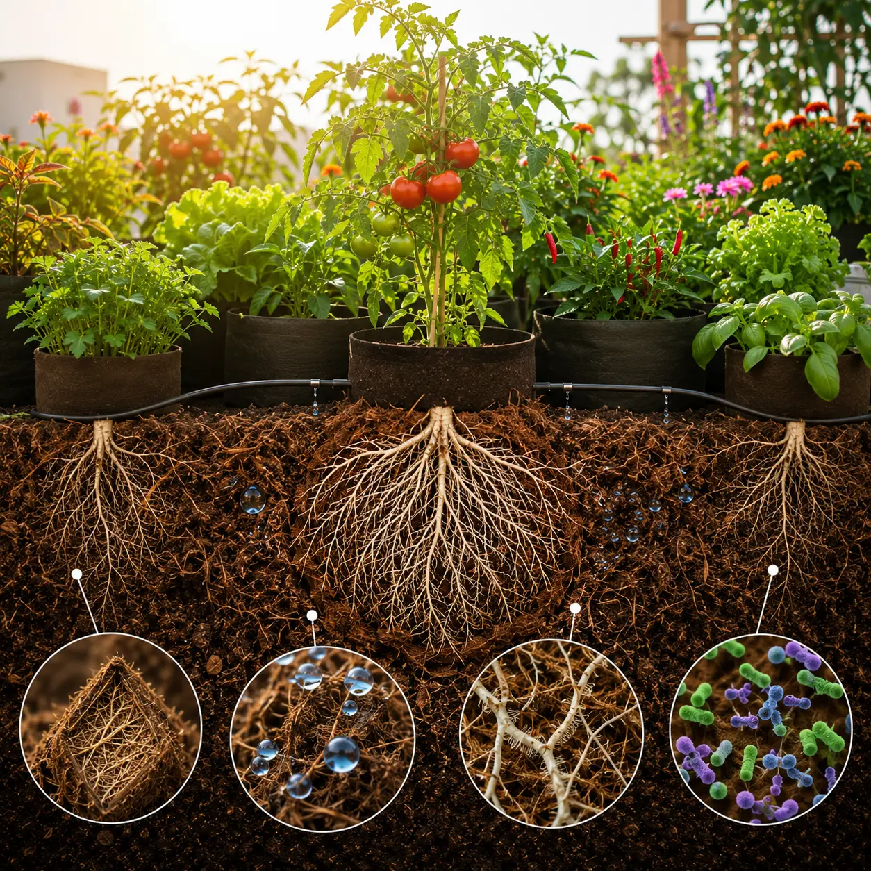 Healthy plants growing in coco peat with strong roots, moisture retention and improved aeration