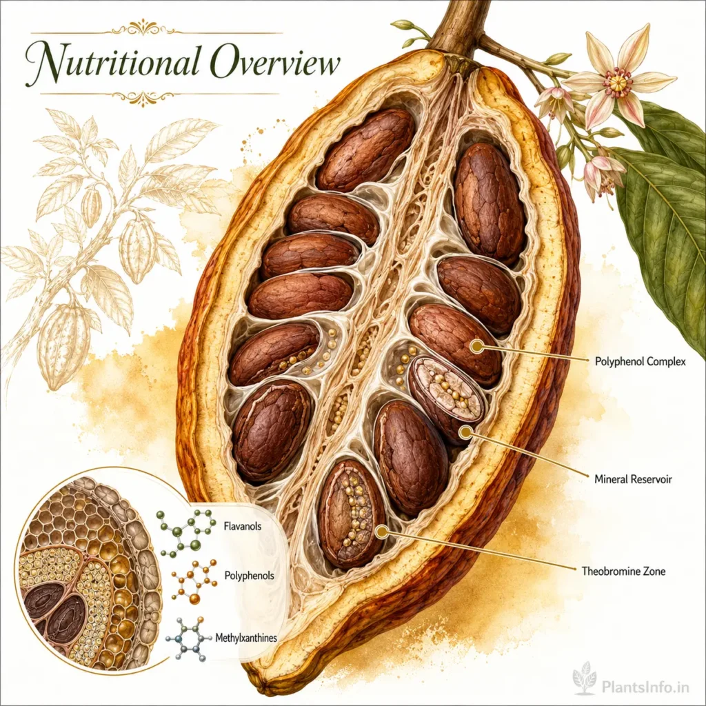 Botanical infographic of Theobroma cacao showing a detailed cocoa pod cross-section with cocoa beans, pulp, nutrient-rich seed tissues, flavanol compounds, polyphenols, theobromine zones, and nutritional anatomy callouts.