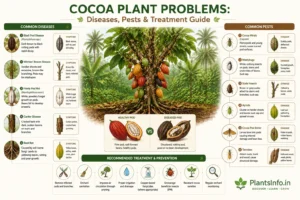 Cocoa plant problems infographic showing common diseases, insect pests, symptoms, healthy vs diseased cocoa pods, and treatment and prevention methods for Theobroma cacao.