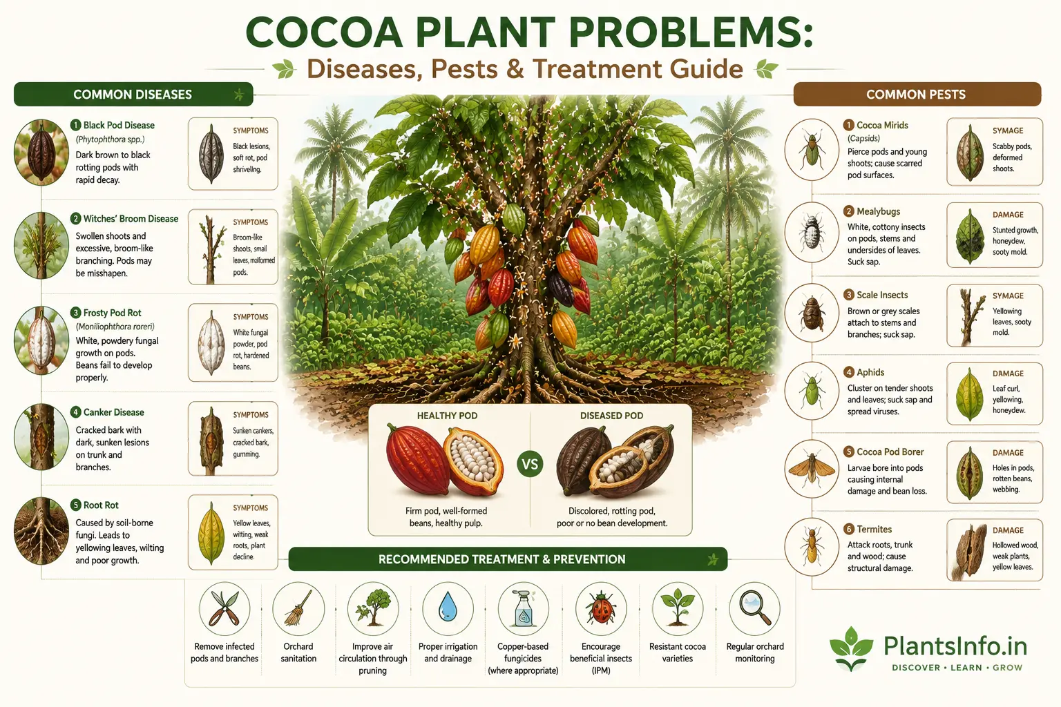 Cocoa plant problems infographic showing common diseases, insect pests, symptoms, healthy vs diseased cocoa pods, and treatment and prevention methods for Theobroma cacao.
