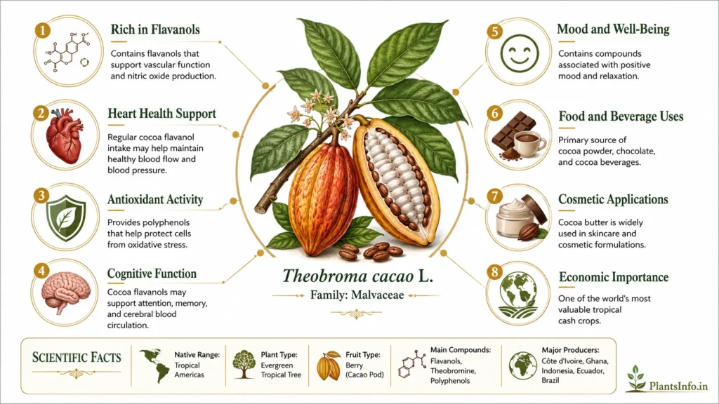 Botanical infographic of Cocoa (Theobroma cacao L.) showing flavanol-rich cacao pods, cocoa beans, health benefits, antioxidant activity, cognitive support, food and cosmetic uses, economic importance, and key scientific facts.