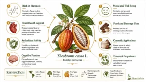 Botanical infographic of Cocoa (Theobroma cacao L.) showing flavanol-rich cacao pods, cocoa beans, health benefits, antioxidant activity, cognitive support, food and cosmetic uses, economic importance, and key scientific facts.