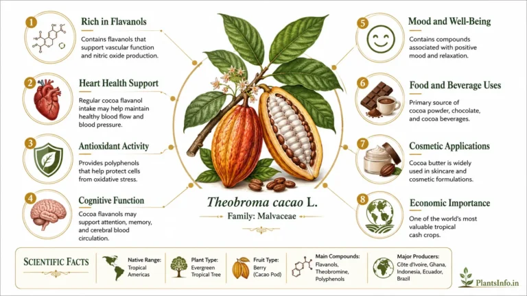 Botanical infographic of Cocoa (Theobroma cacao L.) showing flavanol-rich cacao pods, cocoa beans, health benefits, antioxidant activity, cognitive support, food and cosmetic uses, economic importance, and key scientific facts.