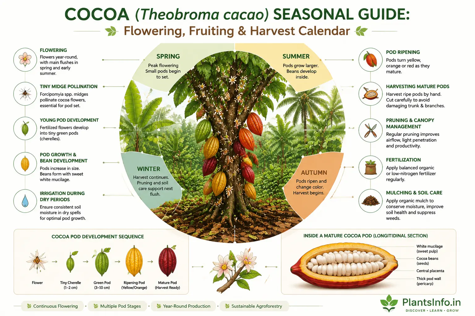 Cocoa (Theobroma cacao) seasonal guide infographic showing flowering, fruiting, pod development, harvest calendar, cocoa pod anatomy, and year-round cultivation stages.