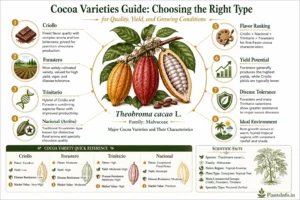 Botanical infographic comparing cocoa varieties including Criollo, Forastero, Trinitario, and Nacional, showing differences in flavor quality, yield potential, disease resistance, market value, and growing conditions of Theobroma cacao.