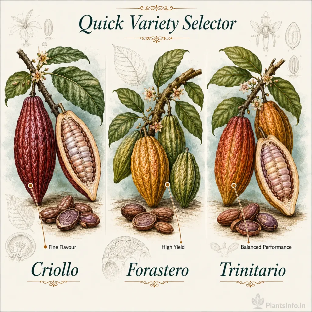 Botanical comparison illustration of Criollo, Forastero, and Trinitario cocoa varieties showing differences in pod morphology, bean characteristics, flavour quality, yield potential, and cultivation performance.