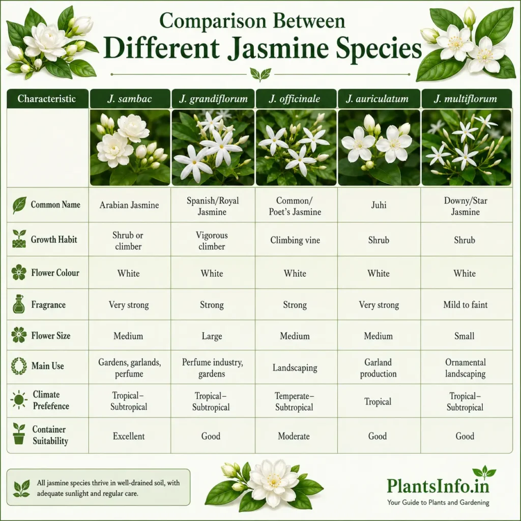 Comparison chart of five jasmine species showing Jasminum sambac, Jasminum grandiflorum, Jasminum officinale, Jasminum auriculatum, and Jasminum multiflorum with differences in growth habit, fragrance, flower size, uses, climate preference, and container suitability.