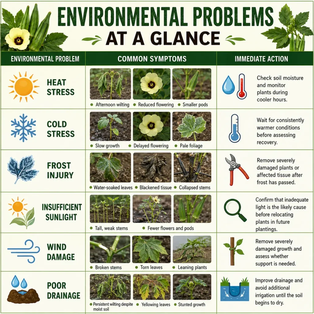 Environmental problems affecting okra plants infographic showing heat stress, cold stress, frost injury, insufficient sunlight, wind damage, and poor drainage with common symptoms and immediate actions for diagnosing environmental stress.