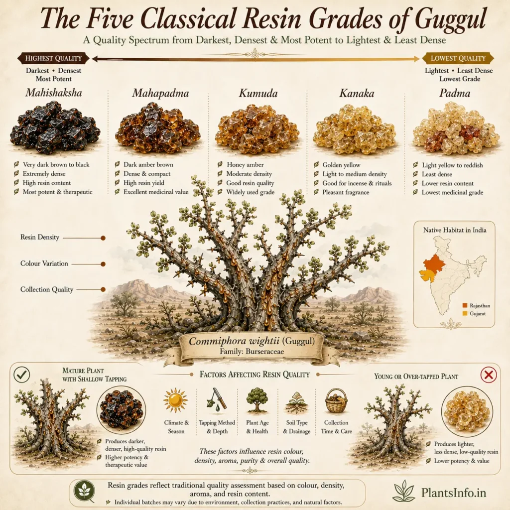 Illustrated quality spectrum of the five classical Ayurvedic grades of Guggul resin—Mahishaksha, Mahapadma, Kumuda, Kanaka, and Padma—showing differences in colour, density, and traditional quality classification.