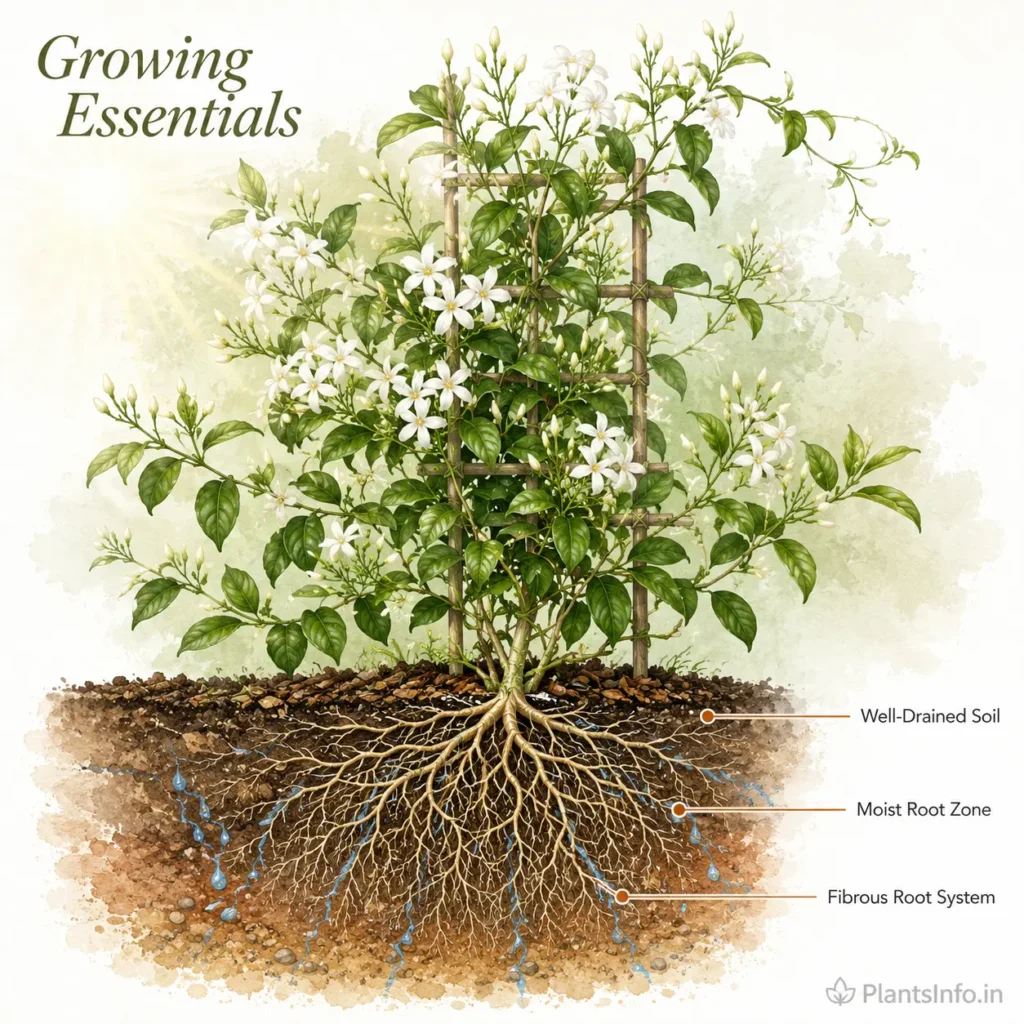 Botanical illustration of a healthy jasmine plant showing well-drained soil, fibrous roots, and proper moisture for optimal growth and care.