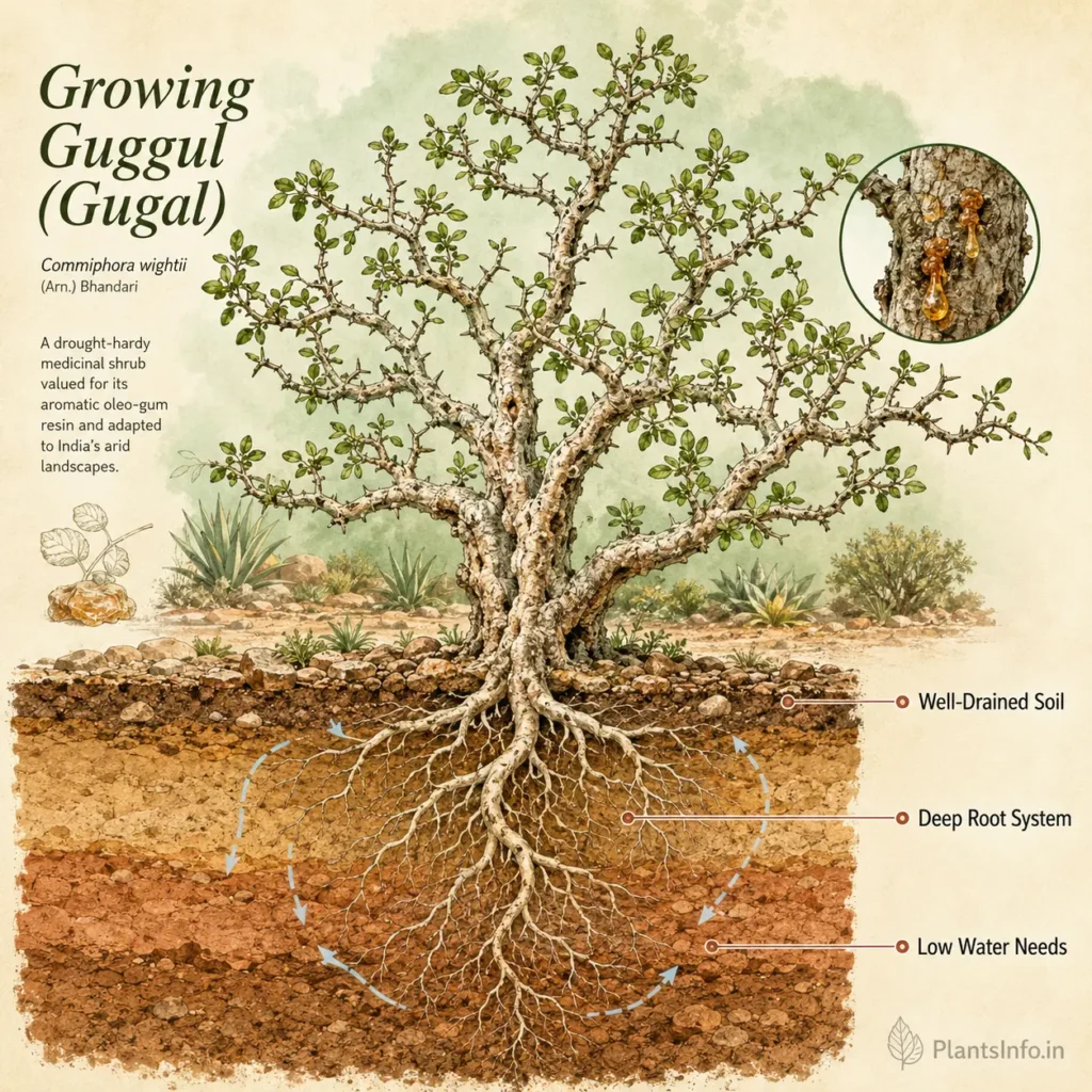 Growing Guggul (Commiphora wightii) in India botanical guide showing a mature guggul shrub with deep drought-adapted roots, well-drained soil profile, low water requirements, and resin-producing bark.