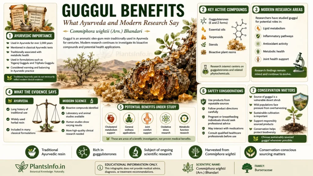 Guggul benefits infographic explaining traditional Ayurvedic uses, active compounds, modern scientific research, safety considerations, and conservation of Commiphora wightii.