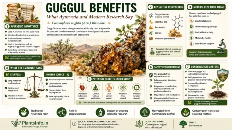 Guggul benefits infographic explaining traditional Ayurvedic uses, active compounds, modern scientific research, safety considerations, and conservation of Commiphora wightii.