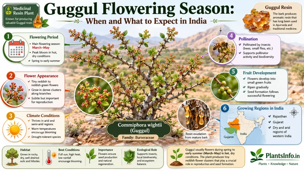Botanical infographic of Guggul (Commiphora wightii) flowering season in India, showing March–May blooming period, tiny reddish-green flowers, pollination, fruit development, medicinal resin production, and growing regions in Rajasthan and Gujarat.