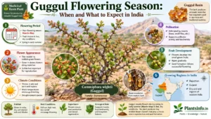 Botanical infographic of Guggul (Commiphora wightii) flowering season in India, showing March–May blooming period, tiny reddish-green flowers, pollination, fruit development, medicinal resin production, and growing regions in Rajasthan and Gujarat.