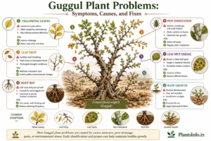 Botanical infographic showing common Guggul plant problems including yellow leaves, leaf drop, root rot, pest infestation, leaf spot disease, and slow growth, with symptoms, causes, and treatment solutions for Commiphora wightii.
