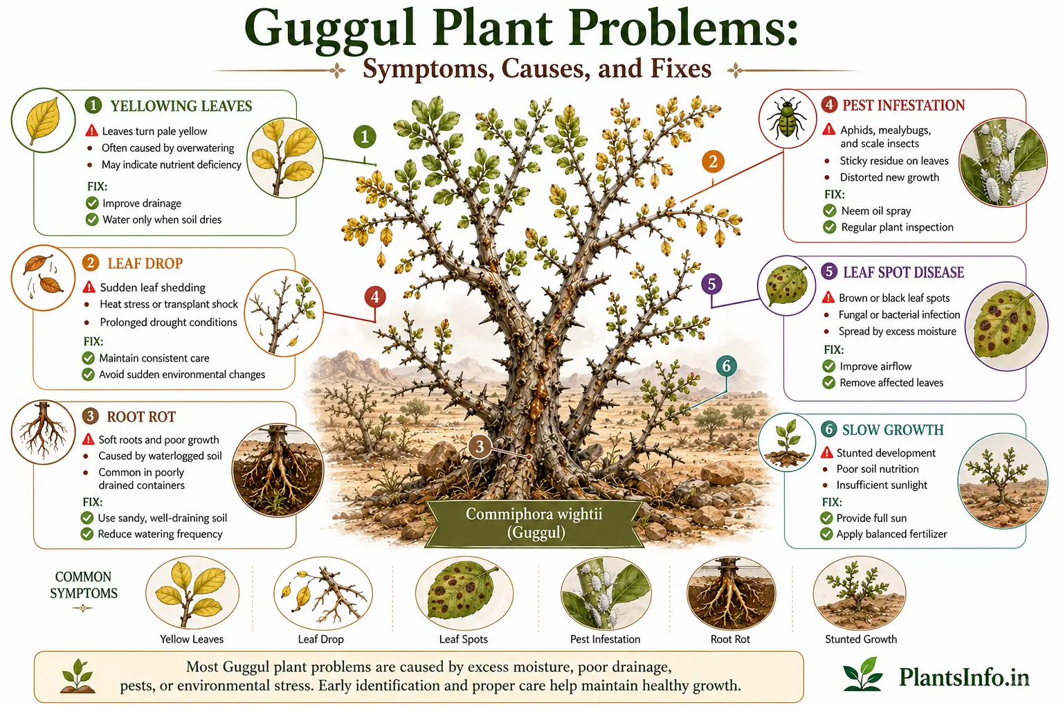 Botanical infographic showing common Guggul plant problems including yellow leaves, leaf drop, root rot, pest infestation, leaf spot disease, and slow growth, with symptoms, causes, and treatment solutions for Commiphora wightii.