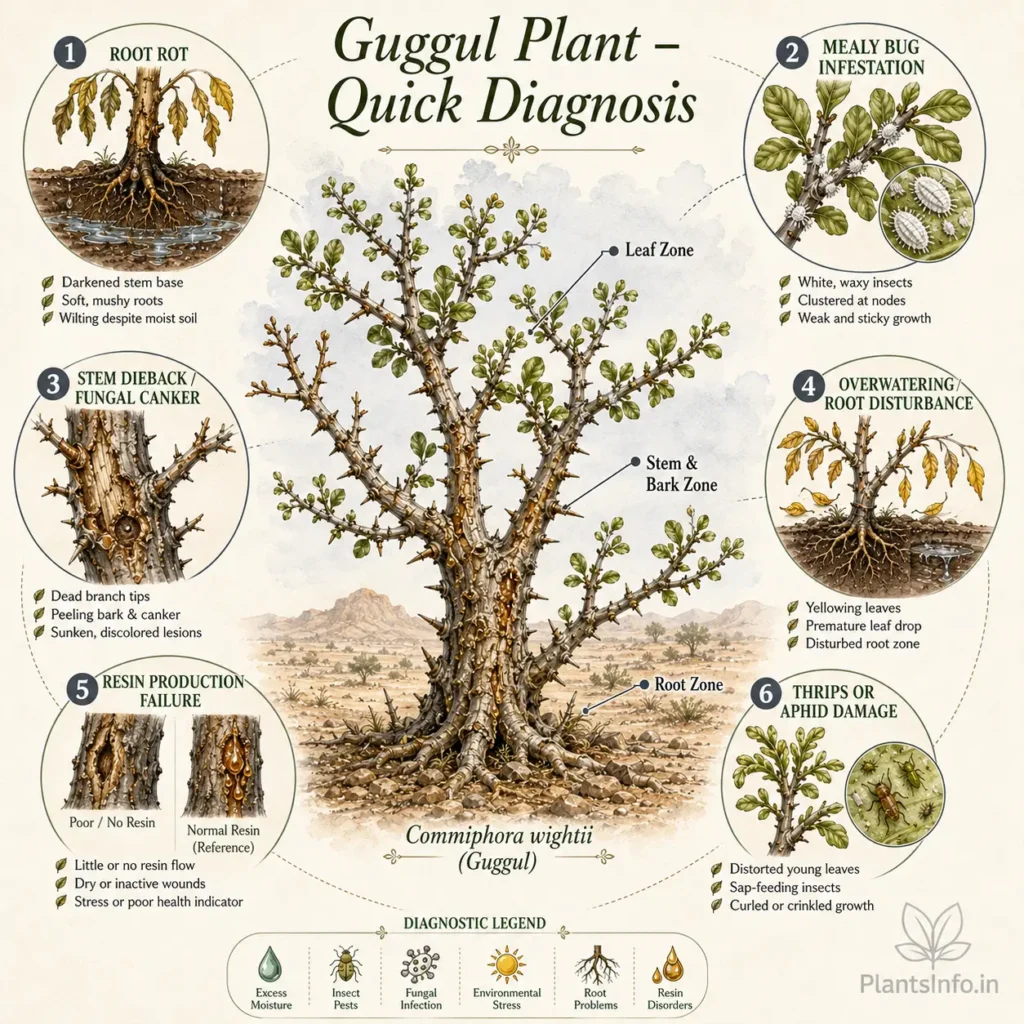 Botanical diagnostic chart showing common Guggul plant problems including root rot, mealy bug infestation, stem canker, overwatering stress, resin production failure, and aphid or thrips damage on Commiphora wightii.
