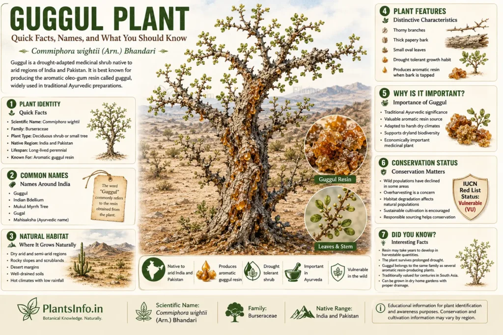 Guggul plant infographic showing scientific name, common names, habitat, plant features, aromatic resin production, conservation status, and key facts about Commiphora wightii.