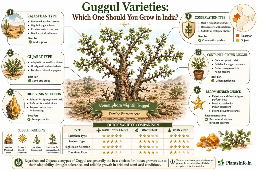 Botanical infographic comparing Guggul (Commiphora wightii) types, ecotypes, and growing selections in India, including Rajasthan and Gujarat populations, resin-producing selections, conservation planting, and container cultivation.
