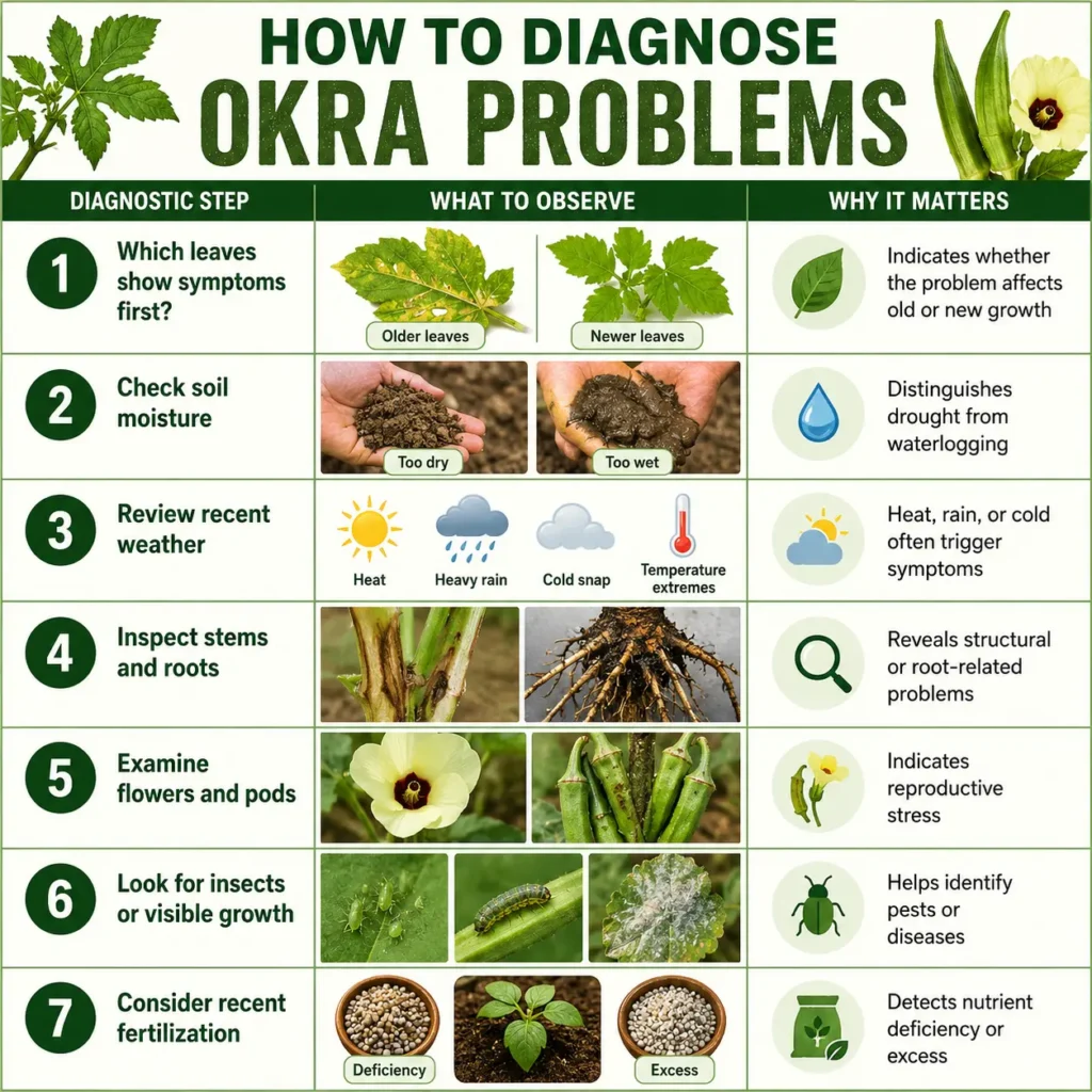 How to Diagnose Okra Problems infographic showing a 7-step diagnostic process including leaf symptoms, soil moisture, weather, stems and roots, flowers and pods, pests and diseases, and fertilization to identify common okra plant problems.