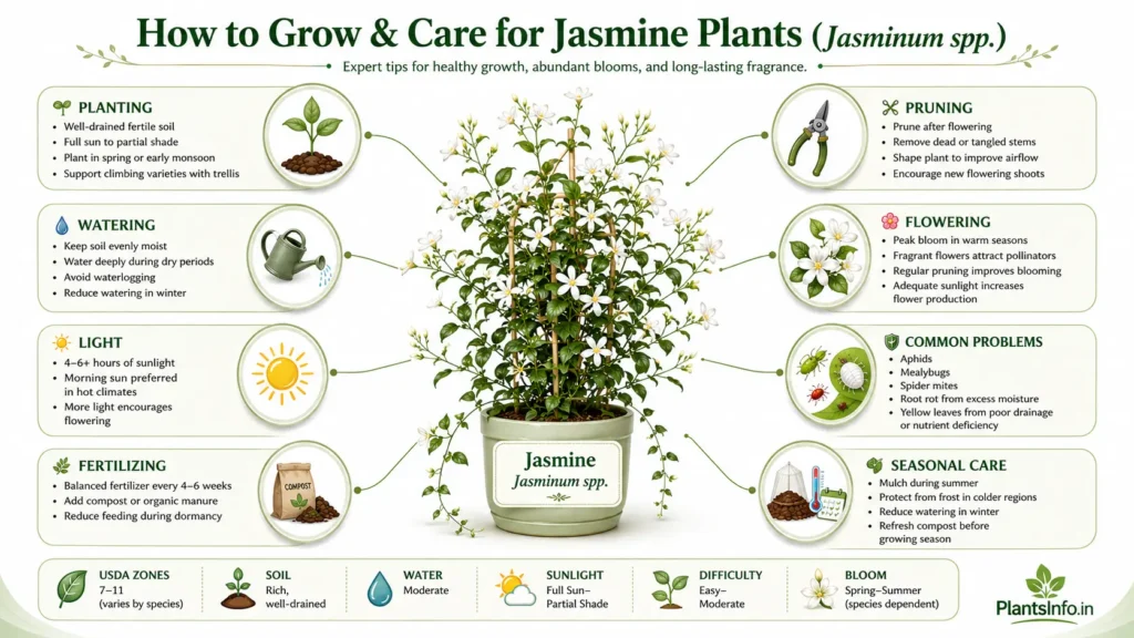 How to grow and care for jasmine plants (Jasminum spp.) infographic showing planting, watering, sunlight, fertilizing, pruning, flowering, common problems, seasonal care, and essential growing requirements.