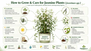 How to grow and care for jasmine plants (Jasminum spp.) infographic showing planting, watering, sunlight, fertilizing, pruning, flowering, common problems, seasonal care, and essential growing requirements.