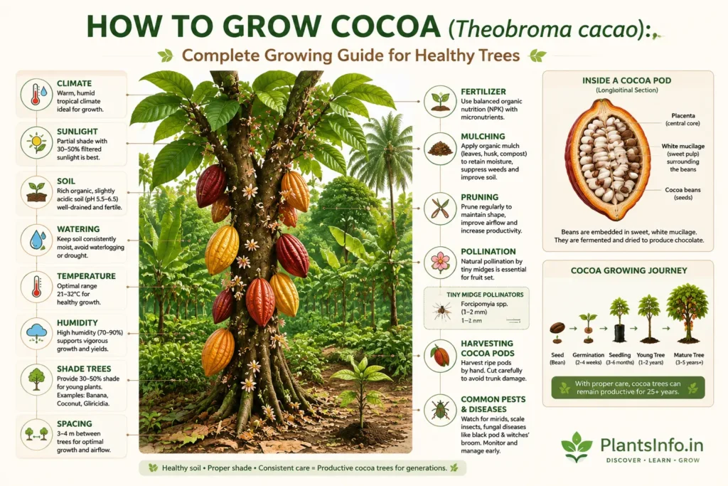 How to Grow Cocoa (Theobroma cacao): Complete Growing Guide infographic showing a healthy cocoa tree, flowers, pods, growing requirements, pollination, pod anatomy, and cultivation tips.