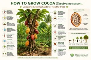 How to Grow Cocoa (Theobroma cacao): Complete Growing Guide infographic showing a healthy cocoa tree, flowers, pods, growing requirements, pollination, pod anatomy, and cultivation tips.