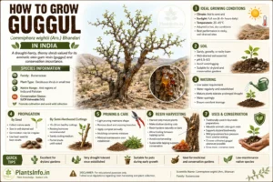 How to grow Guggul (Commiphora wightii) in India infographic showing ideal growing conditions, soil requirements, watering, propagation, pruning, resin harvesting, conservation status, and plant care tips.