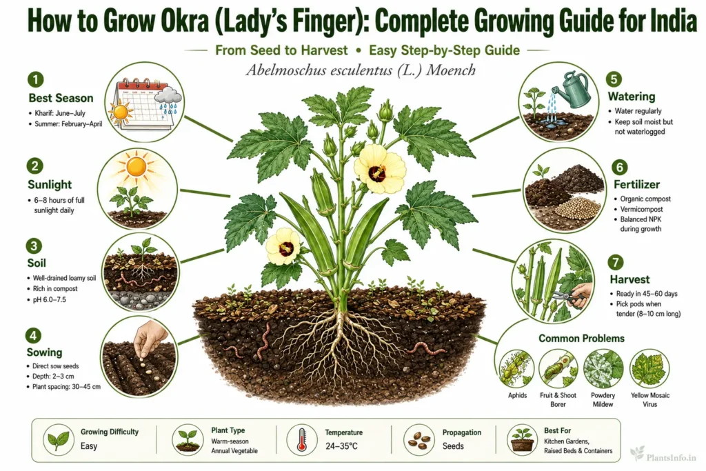 Infographic showing how to grow okra (Lady's Finger) in India, including best season, sunlight, soil, sowing, watering, fertilization, harvesting, and common pests.