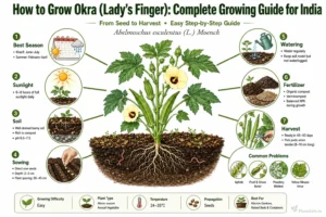 Infographic showing how to grow okra (Lady's Finger) in India, including best season, sunlight, soil, sowing, watering, fertilization, harvesting, and common pests.