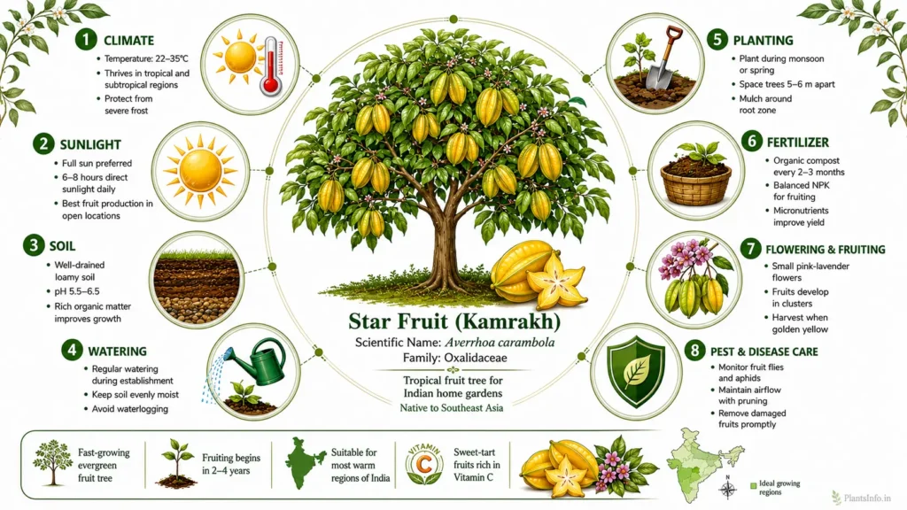 Infographic showing how to grow Star Fruit (Kamrakh) in Indian gardens, including climate, sunlight, soil, watering, planting, fertilizer, flowering, fruiting, pest management, and ideal growing regions in India.