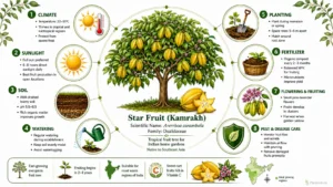 Infographic showing how to grow Star Fruit (Kamrakh) in Indian gardens, including climate, sunlight, soil, watering, planting, fertilizer, flowering, fruiting, pest management, and ideal growing regions in India.