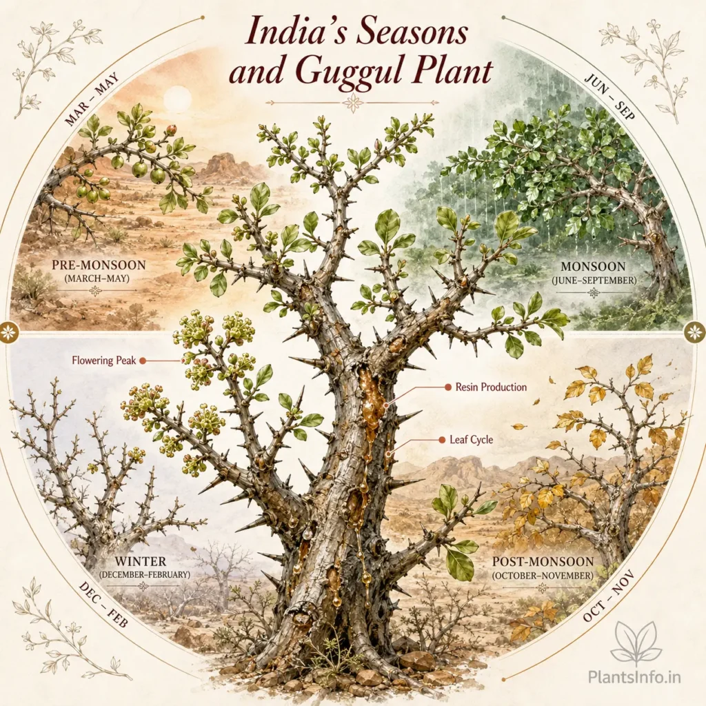 Botanical illustration showing the seasonal lifecycle of the Guggul plant (Commiphora wightii) in India, including winter flowering, pre-monsoon fruit development, monsoon vegetative growth and resin production, and post-monsoon leaf yellowing and dormancy.