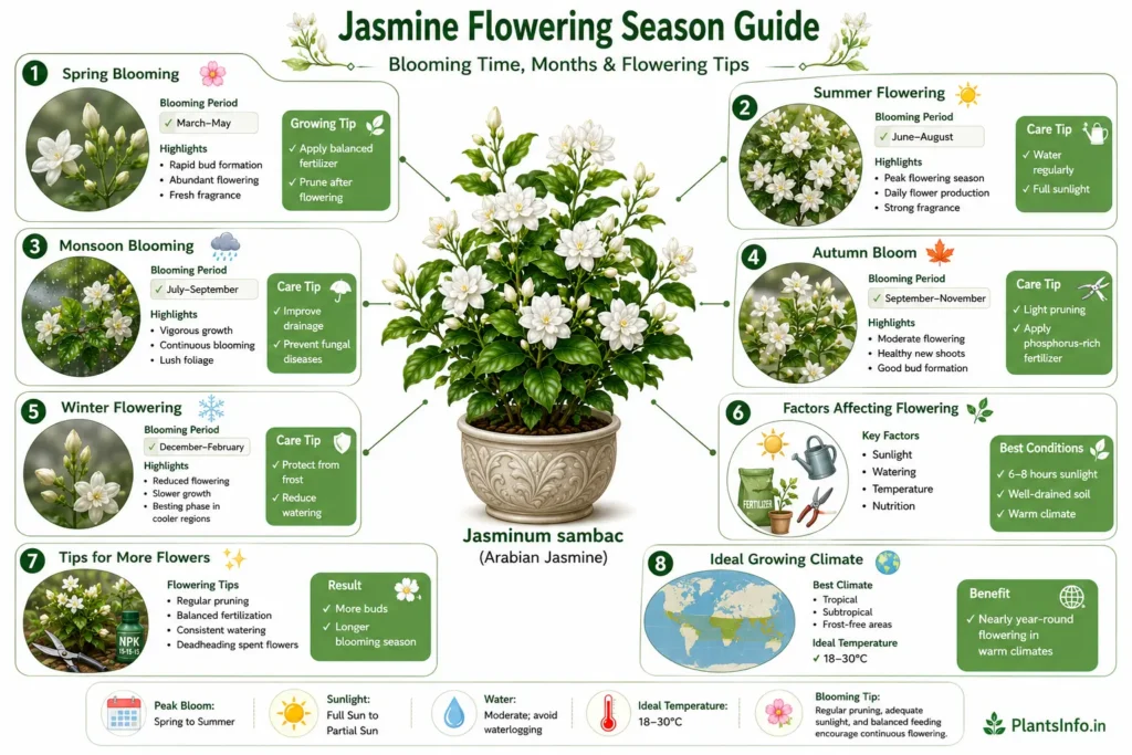 Jasmine flowering season infographic showing blooming time by season, flowering months, seasonal care tips, factors affecting flowering, ideal growing climate, and expert tips to encourage continuous blooms in Jasminum sambac (Arabian jasmine).