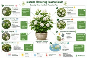 Jasmine flowering season infographic showing blooming time by season, flowering months, seasonal care tips, factors affecting flowering, ideal growing climate, and expert tips to encourage continuous blooms in Jasminum sambac (Arabian jasmine).