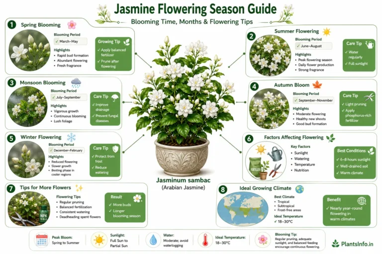 Jasmine flowering season infographic showing blooming time by season, flowering months, seasonal care tips, factors affecting flowering, ideal growing climate, and expert tips to encourage continuous blooms in Jasminum sambac (Arabian jasmine).
