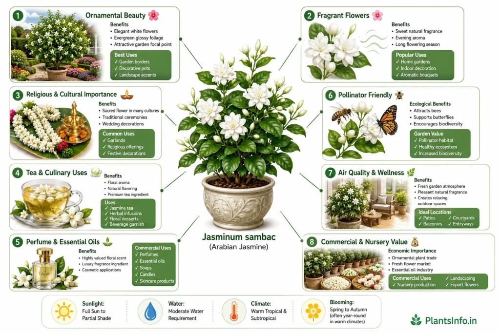 Infographic showing the benefits and uses of Jasmine (Jasminum sambac), including ornamental beauty, fragrant flowers, cultural significance, tea and culinary uses, perfume production, pollinator support, wellness benefits, and commercial value.
