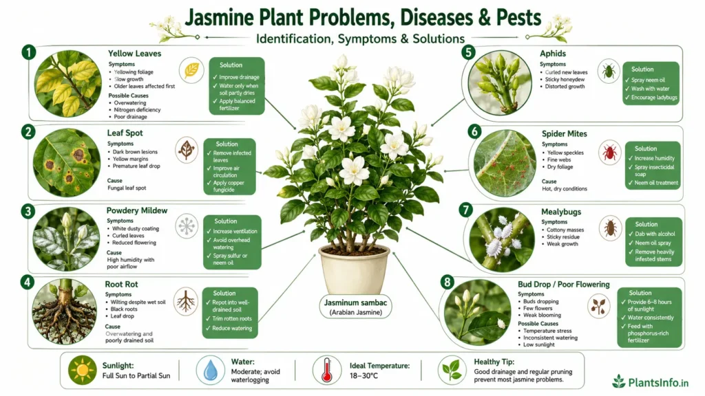 Jasmine plant problems, diseases and pests infographic showing yellow leaves, leaf spot, powdery mildew, root rot, aphids, spider mites, mealybugs, bud drop, symptoms, identification and treatment solutions for Jasminum sambac.