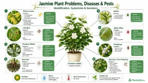 Jasmine plant problems, diseases and pests infographic showing yellow leaves, leaf spot, powdery mildew, root rot, aphids, spider mites, mealybugs, bud drop, symptoms, identification and treatment solutions for Jasminum sambac.