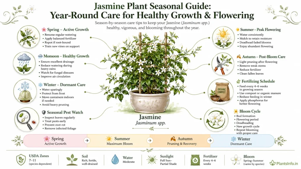 Seasonal care infographic for jasmine plants (Jasminum spp.) showing spring, summer, monsoon, autumn, and winter care, fertilizing schedule, pest management, bloom cycle, and year-round growing tips.