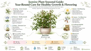 Seasonal care infographic for jasmine plants (Jasminum spp.) showing spring, summer, monsoon, autumn, and winter care, fertilizing schedule, pest management, bloom cycle, and year-round growing tips.