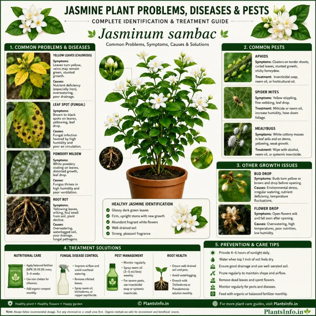 Square infographic illustrating common problems, diseases, and pests of Jasminum sambac (Arabian jasmine), including yellow leaves (chlorosis), leaf spot, powdery mildew, root rot, aphids, spider mites, mealybugs, bud drop, flower drop, symptoms, identification, treatment solutions, and preventive care tips.