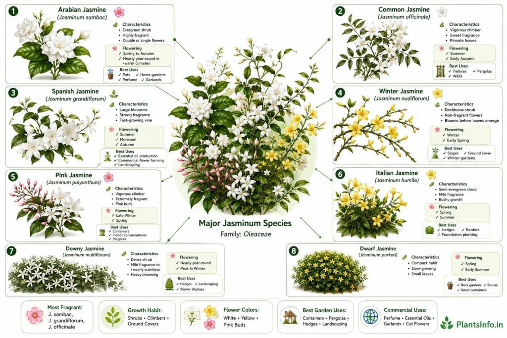 Infographic comparing major jasmine varieties (Jasminum spp.), including Arabian jasmine, common jasmine, Spanish jasmine, winter jasmine, pink jasmine, Italian jasmine, downy jasmine, and dwarf jasmine, with their characteristics, fragrance, flowering seasons, growth habits, and best garden and commercial uses.