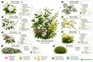 Infographic comparing major jasmine varieties (Jasminum spp.), including Arabian jasmine, common jasmine, Spanish jasmine, winter jasmine, pink jasmine, Italian jasmine, downy jasmine, and dwarf jasmine, with their characteristics, fragrance, flowering seasons, growth habits, and best garden and commercial uses.