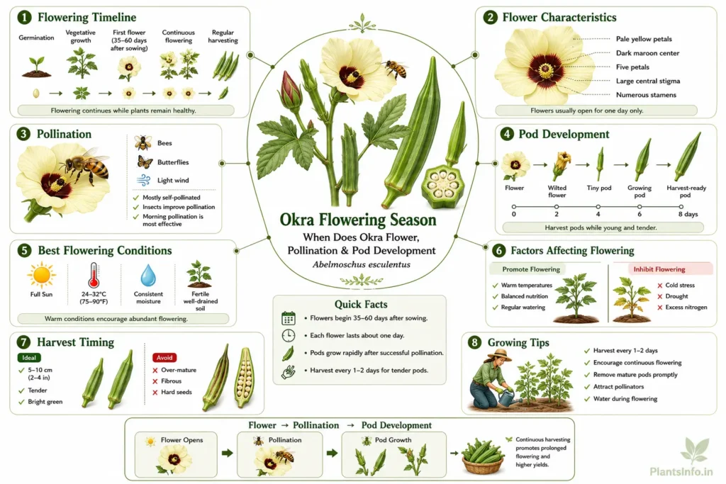 Educational infographic showing the flowering season of okra (Abelmoschus esculentus), including flowering timeline, flower anatomy, pollination, pod development, ideal harvest stage, growing conditions, and cultivation tips.