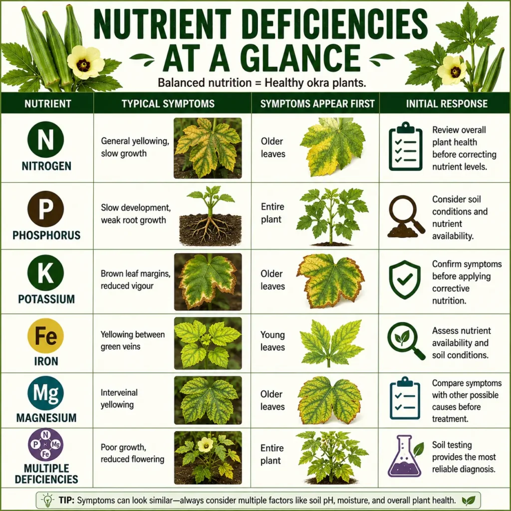 Okra nutrient deficiencies infographic showing nitrogen, phosphorus, potassium, iron, magnesium, and multiple nutrient deficiencies with typical symptoms, where symptoms appear first, and recommended initial diagnostic responses.