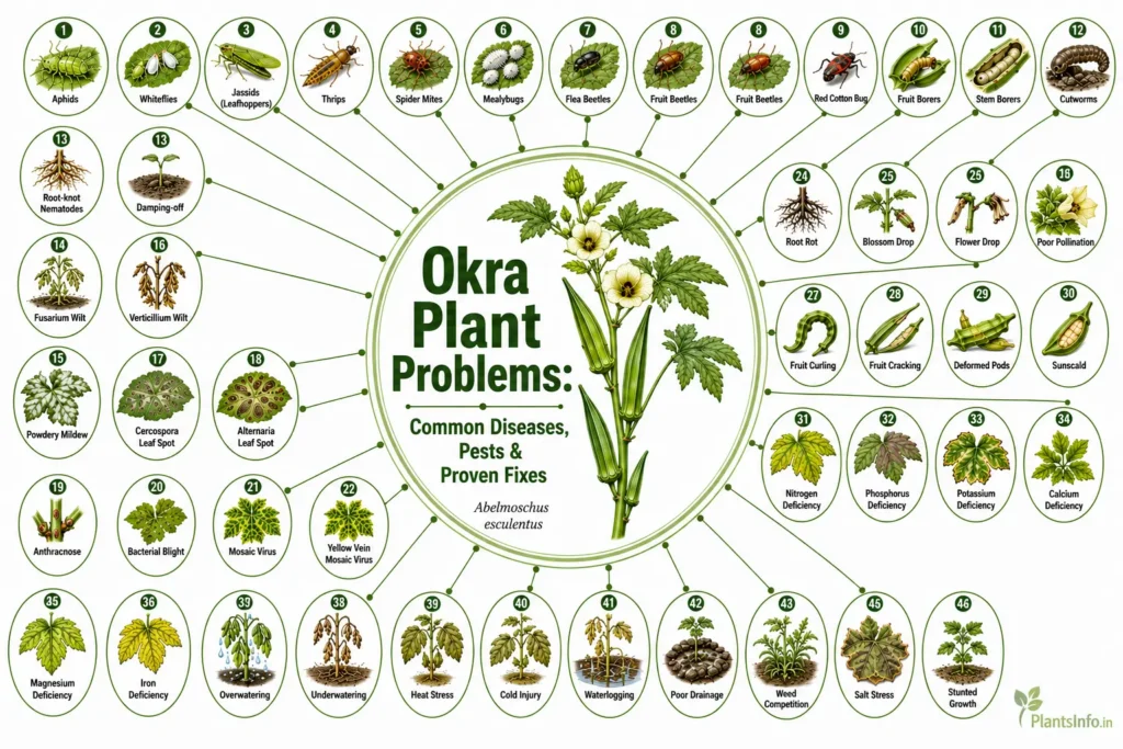 Botanical infographic showing common okra plant problems, including diseases, pests, nutrient deficiencies, environmental stress, and proven fixes for healthy Abelmoschus esculentus plants.