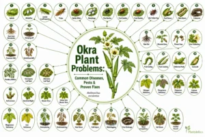 Botanical infographic showing common okra plant problems, including diseases, pests, nutrient deficiencies, environmental stress, and proven fixes for healthy Abelmoschus esculentus plants.